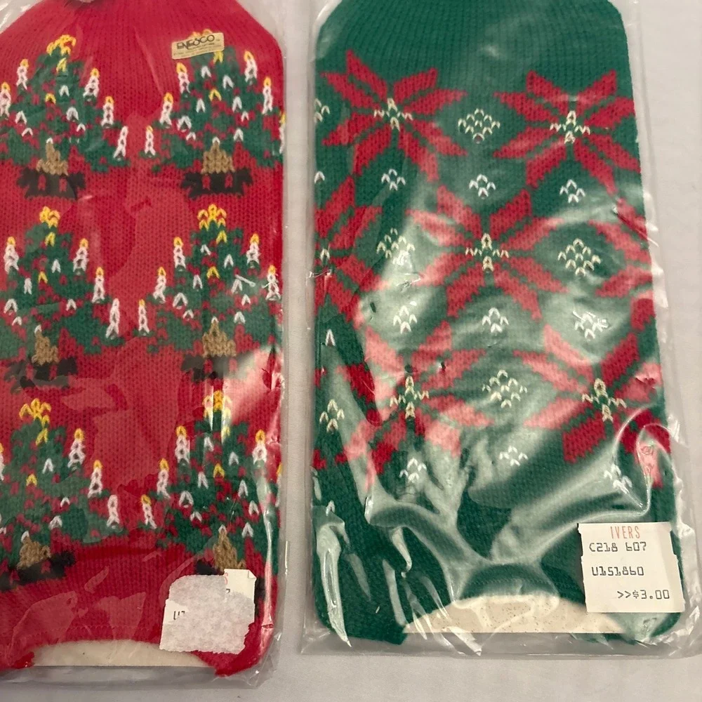 2‎ Vintage Enesco Christmas Bottle Sweaters Covers Poinsettia Wine Bottle Tree